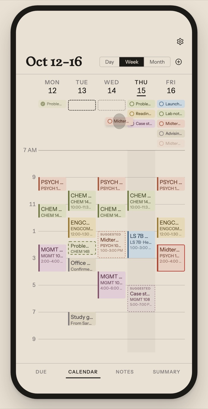 Week calendar with classes, deadlines and suggested work blocks