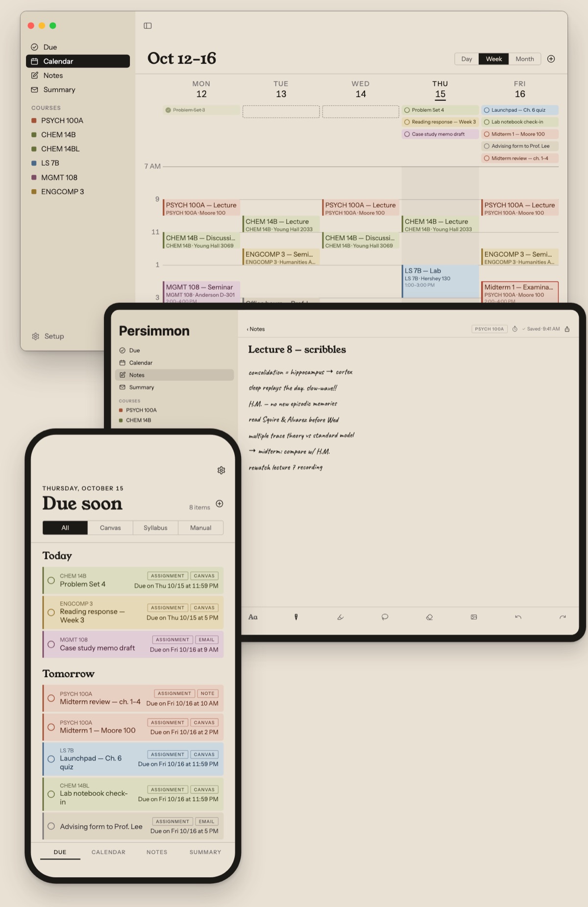 Persimmon on a Mac, an iPad and an iPhone showing the calendar, a handwritten note and the due list