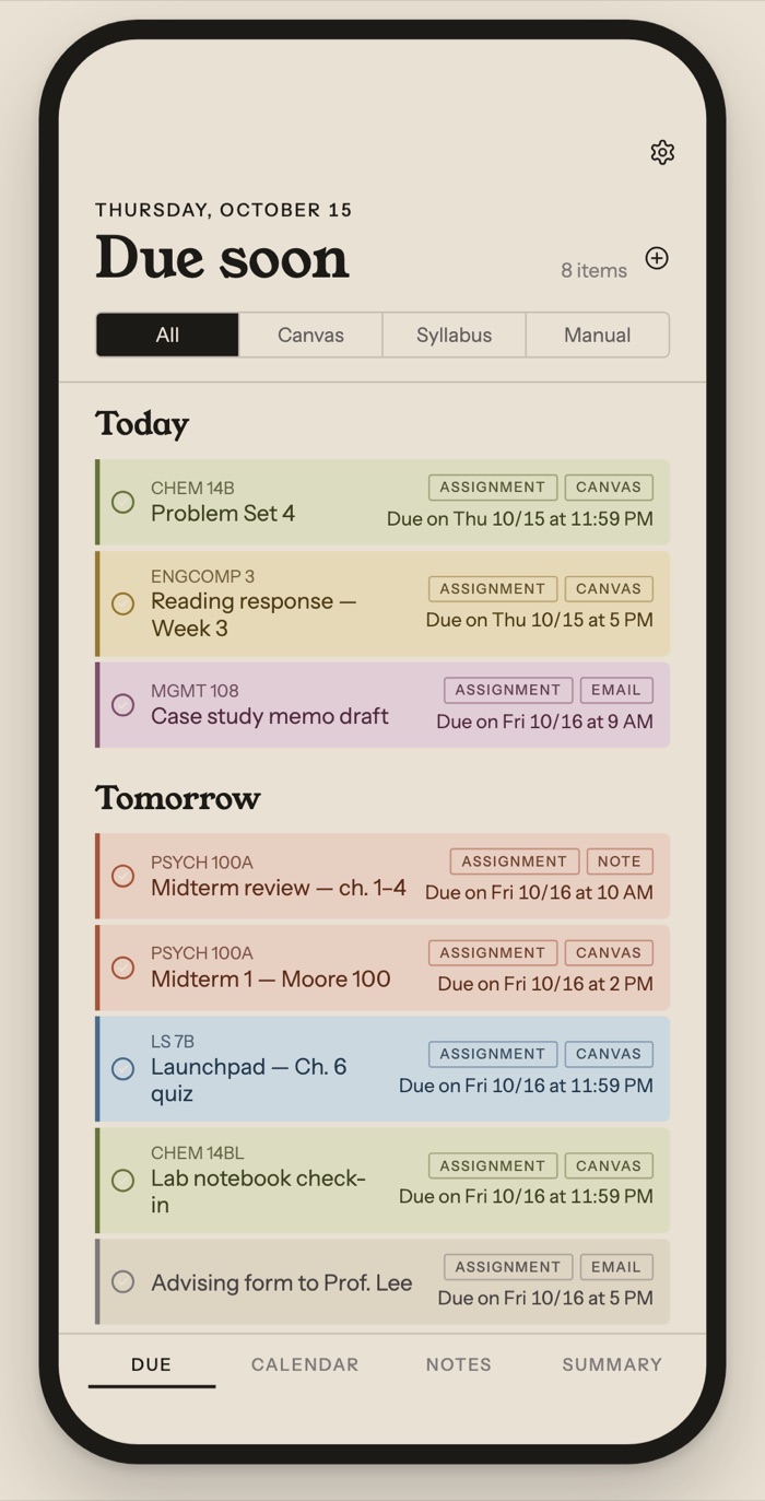 The due list on iPhone, sorted into Today and Tomorrow
