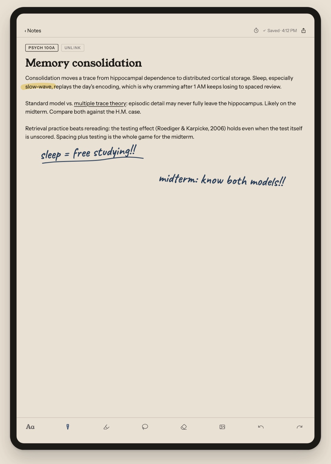 A typed psychology note on iPad with handwriting and a highlight over the text