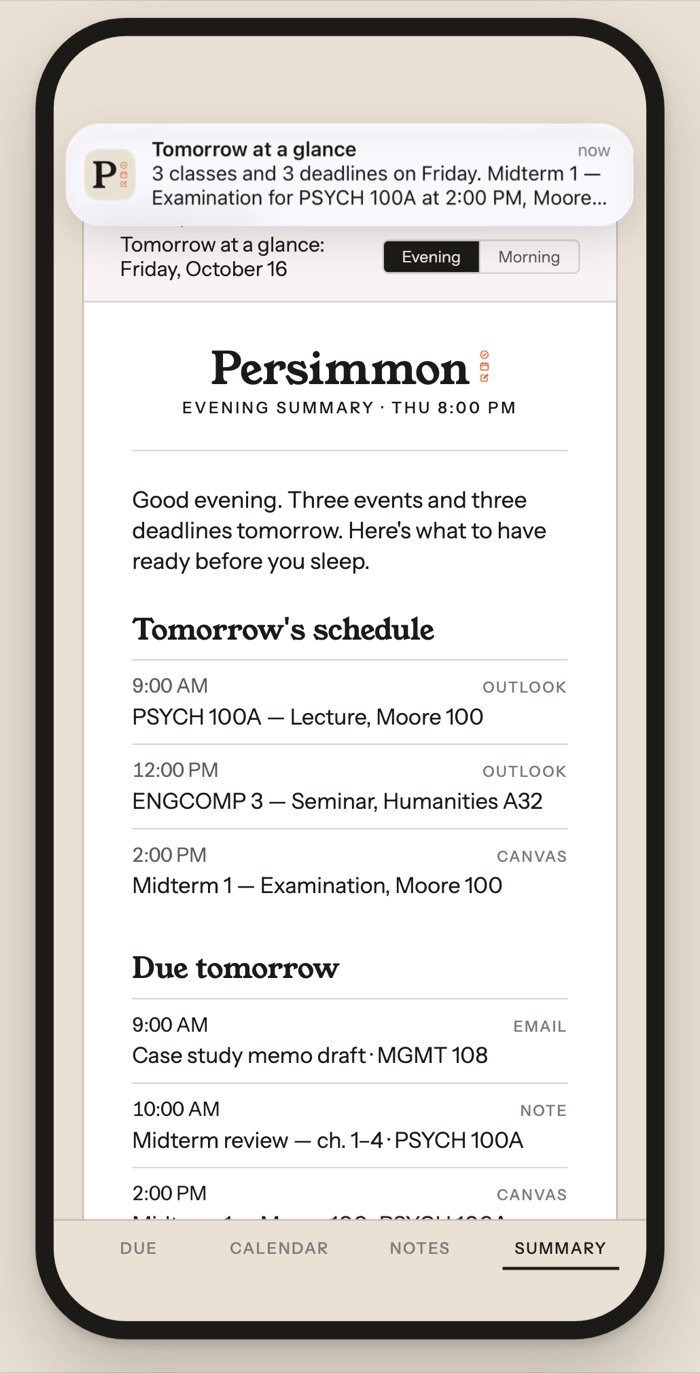 The Tomorrow at a glance notification over the evening summary
