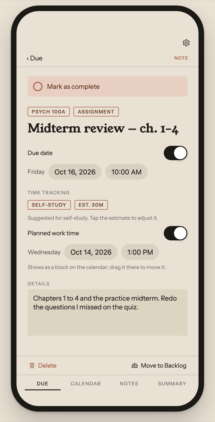 Task detail for a midterm review with an estimate and a planned work time